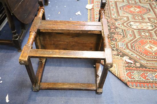 A mid 17th century jointed oak Wainscot elbow chair, W.1ft 9.5in. H.3ft.
